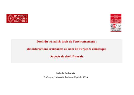prof. Isabelle Desbarats: Prawo pracy a prawo ochrony środowiska we Francji. CBZ 1.07.2022 slajd z prezentacji