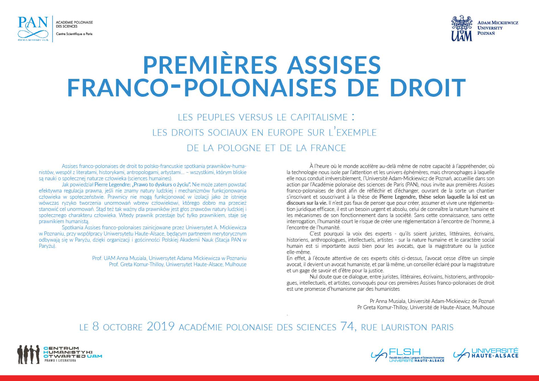 Premières Assises franco-polonasises de droit - CBZ UAM: Lud kontra kapitalizm, 8.10.2019 Anna Musiała, Alain Supiot